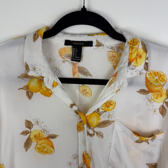 Forever 21 Womens Button-Up Short Sleeve Lemon Floral White/Yellow Top Small - Picture 3 of 10